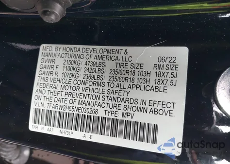 2022 Honda Cr-V Awd Ex из США, поврежденный, VIN 7FARW2H55NE030268